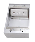 Tough As Nails Recessed Floor Power Outlet Kit With No Fuss Press Handle Cover Featuring Rapid Usb Charging Plugs And Data Network Jacks, showing stainless steel casing and outlets.