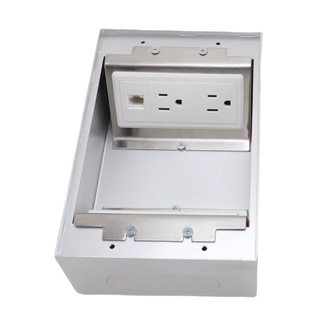 Tough As Nails Recessed Floor Power Outlet Kit With No Fuss Press Handle Cover Featuring Rapid Usb Charging Plugs And Data Network Jacks, showing stainless steel casing and outlets.