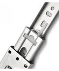 Close-up of stainless steel drawer slides with soft close and full extension 10 to 22 inch track rails for cabinets and furniture.