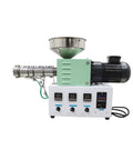 Built Like A Tank Single Screw Extruder For Making 3D Printer Filament With Hella Adjustable Temperature For Abs pcl bla And Pek 110V 1.37 Inch Die side view of machine with motor and control panel.