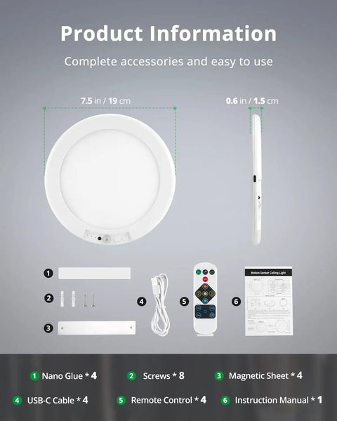 4 Pack Rechargeable Battery Operated Ceiling Light With Motion Sensor And Remote product dimensions and accessories
