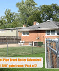 Sliding Gate Rollers 5 Inch Steel Wheel Galvanized For 1 And 5 Eighth Inch Pipe Track Fits 1 And 5 Eighth Inch Gate Frame Pack Of 2 Durable Track Rollers For Smooth Quiet Operation And Long Lasting Use, installed on a fence gate showing operation.