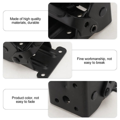Close-up of Two Pack Black Iron Folding Spring Hinges for Table Legs, showing durable metal construction and black finish.