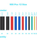 Diagram showing 12 sizes of 900 Pcs Wire Heat Shrink Tubing Kit With 2 To 1 Shrink Ratio Marine Grade Waterproof Heat Shrink Tubing For Wires.