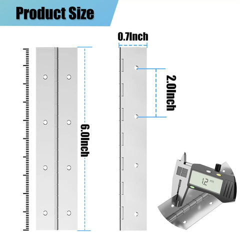 Premium Heavy Duty 6 Inch Stainless Steel Piano Hinges 6 Pack Continuous Cabinet Door Hardware Rust Proof Silver Finish with size details.