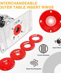Rock Solid Workhorse Aluminum Router Table Insert Flip Plate With Four Bold Red Center Rings And Precision Mounting Kit For Tight Woodworking Bench Setup showing 4 interchangeable red rings