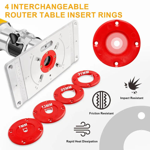 Rock Solid Workhorse Aluminum Router Table Insert Flip Plate With Four Bold Red Center Rings And Precision Mounting Kit For Tight Woodworking Bench Setup showing 4 interchangeable red rings
