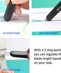 Ergonomic Craft And Hobby Knife With 120 Replacement Number 11 Blades showing three blade length options for precision cuts
