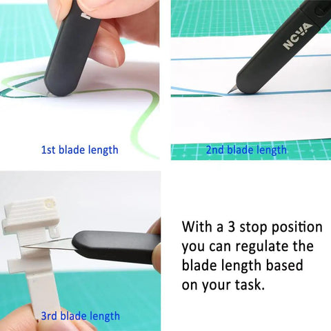 Ergonomic Craft And Hobby Knife With 120 Replacement Number 11 Blades showing three blade length options for precision cuts