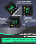 Dead Accurate Digital Angle Finder Measuring Tool With Heavy Duty Magnetic Back And Large LCD Numbers For Woodworking Metalworking And Masonry DIY Builds showing slope and level measurements.