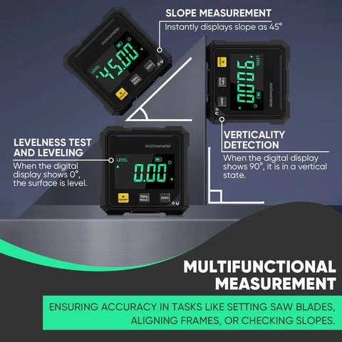 Dead Accurate Digital Angle Finder Measuring Tool With Heavy Duty Magnetic Back And Large LCD Numbers For Woodworking Metalworking And Masonry DIY Builds showing slope and level measurements.
