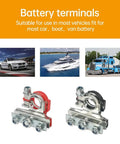 Two Pack 12V Top Post Battery Terminal Connectors Kit With 3 Way Clamps Positive And Negative Durable Tinned Copper Quick Disconnect Car Boat Van Marine Terminals For Easy Hookups And Reliable Power, shown with images of a car, boat, and truck.