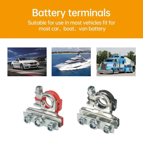 Two Pack 12V Top Post Battery Terminal Connectors Kit With 3 Way Clamps Positive And Negative Durable Tinned Copper Quick Disconnect Car Boat Van Marine Terminals For Easy Hookups And Reliable Power, shown with images of a car, boat, and truck.