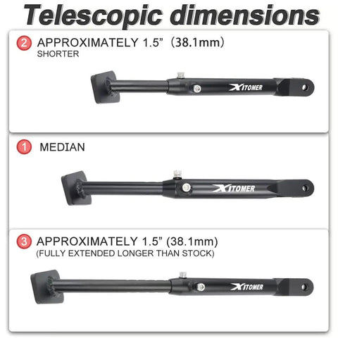 Telescopic dimensions of Beefy Three Inch Adjustable Kickstand For YZ85 2002 2026 Motorcycle Side Stand With Seven Position Length Settings Lightweight 6063 T5 Aluminum Alloy Foot Support.