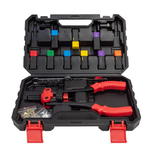 Premium Rivet Nut Tool Kit With Steel Rivnuts For Sheet Metal And Auto Repair Work, open case with color-coded inserts