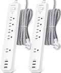 10 Ft Power Strip Surge Protector With Five Outlets And Three USB Ports, Flat Plug Extension Cord, 14 AWG Braided Cable, 2 Pack