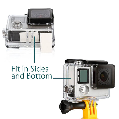 Anti Fog Inserts for GoPro Hero Cameras 24 Pack Reusable Moisture Absorbing Defogger Strips shown in underwater housing setup