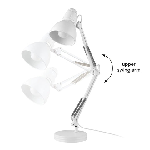 28 Inch Swing Arm Architect Desk Lamp Matte White With Rotary Switch On Shade Partially Adjustable Arm