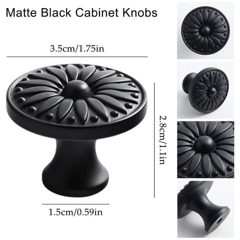 Ten Pack Matte Black Kitchen Cabinet Knobs One And A Quarter Inch Diameter Zinc Alloy Drawer Pulls with Sunburst Design