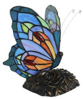 Butterfly Tiffany Style Stained Glass Accent Table Lamp Night Light Multicolored Warm White LED Included In Line Switch 8 Inches Wide 9 Inches Tall Perfect for Living Room Bedroom Decor featuring a colorful butterfly design with a floral base.