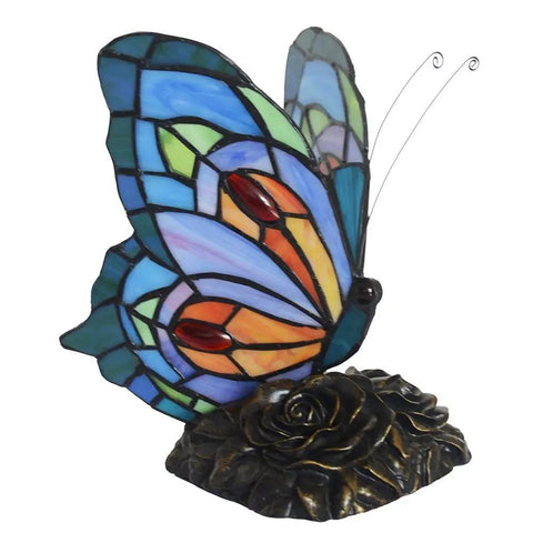 Butterfly Tiffany Style Stained Glass Accent Table Lamp Night Light Multicolored Warm White LED Included In Line Switch 8 Inches Wide 9 Inches Tall Perfect for Living Room Bedroom Decor featuring a colorful butterfly design with a floral base.