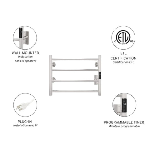 Heavy Duty Wall Mounted Towel Warmer With Built In Timer And LED Indicators, 1 To 8 Hour Modes, Chrome Stainless Steel With Four Round Bars