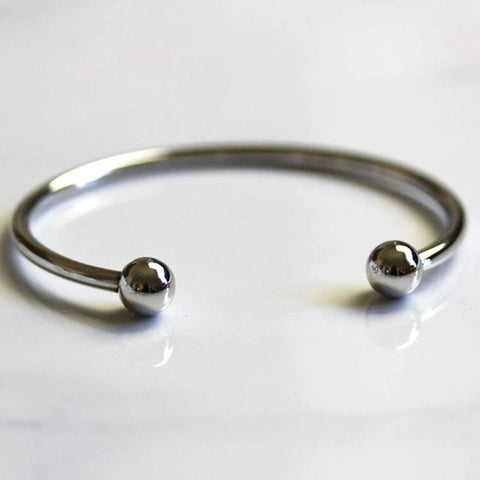 Five Silver Tone Open Bangle Bracelets With Screw End Ball Ends For Charms And Pendants DIY Jewelry Making Kit, close-up view