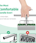 Hand holding Easy To Use Soil Blocker With Comfortable Handle, 4 Cell 2 Inch Block Maker, showing green 2-inch blocks and handle detail