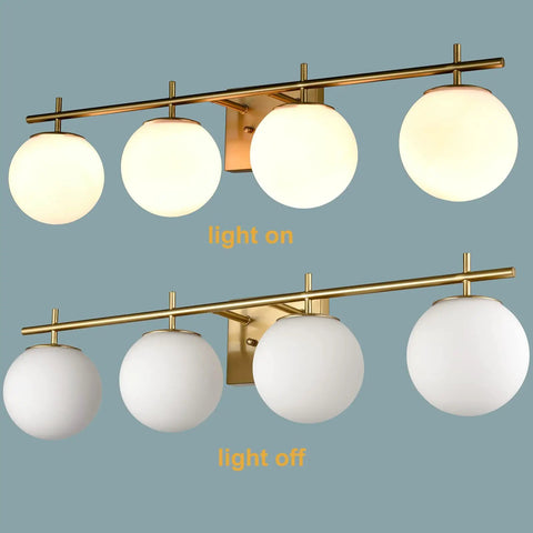 4-Light Brass Vanity Light With Milky White Glass Globes, Modern Wall Fixture For Bathroom Or Powder Room, Brushed Brass Finish