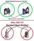 Fluid Transfer Pump For Gallon And Wide Mouth Quart Bottles, 30cc Per Stroke, Four Thread Sizes Fit Most Bottles, Easy Interchange, 24 Inch Flexible Tube For Gear Oil, Transmission Fluid, Antifreeze, shown with wide-mouth quart bottles and standard bottles crossed out