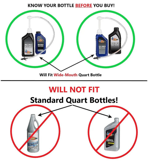 Fluid Transfer Pump For Gallon And Wide Mouth Quart Bottles, 30cc Per Stroke, Four Thread Sizes Fit Most Bottles, Easy Interchange, 24 Inch Flexible Tube For Gear Oil, Transmission Fluid, Antifreeze, shown with wide-mouth quart bottles and standard bottles crossed out