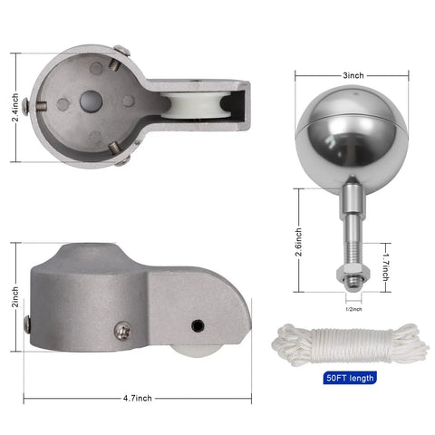 Flag Pole Replacement Kit With Pulley And Rope No Fuss Easy Install 50 Ft Halyard Rope Silver Ball Topper 4 Flag Pole Clips