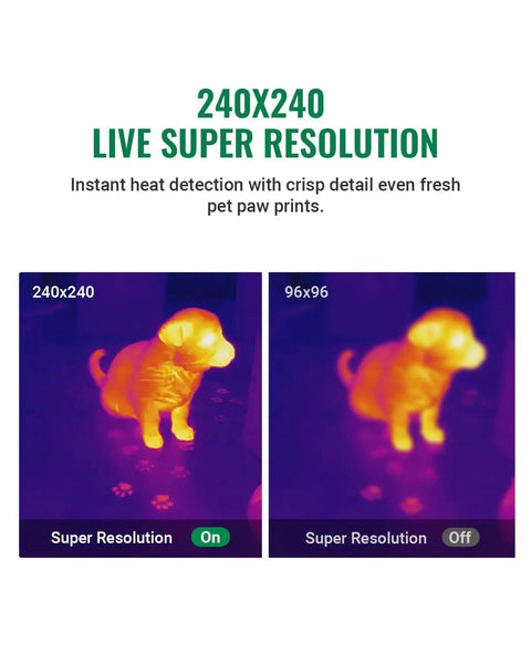 Comparison of thermal images taken with 240x240 super resolution and 96x96 IR resolution using a thermal imaging camera with visual camera.