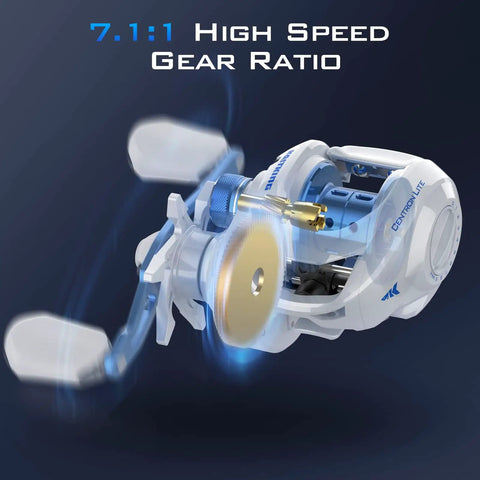 Centron Lite Baitcasting Reel with 7.1 to 1 gear ratio, lightweight frame, showing internal mechanics and high-speed capability