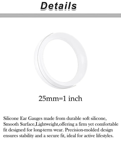 25mm White Silicone Ear Gauges Tunnels Plugs Set For Unisex Piercing With Double Flare Hollow Design Soft Extra Thin 1 Inch Size Value Pack Includes 2 Pieces Comfortable Stretch Kit close-up with smooth surface