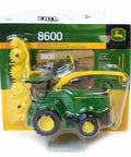 One Sixty Fourth Scale Farm Harvester Toy With Swiveling Spout Metal Frame And Body Plastic Forage Head Rear Hitch Realistic Five Inch Length Model For Kids Three And Up in packaging