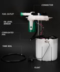 Side view of Direct Fit Electric Fuel Pump Module Assembly For 2009-2017 Buick Enclave, GMC Acadia, Chevy Traverse, Saturn Outlook 3.6L V6 showing connector, fuel outlet, and float.