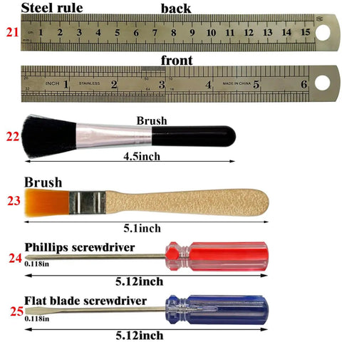 Steel ruler, brushes, Phillips and flat blade screwdrivers from DIY Tool Kit For Gundam Gunpla Building And Dollhouse Miniatures