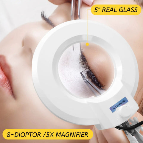 5X Magnifying Glass With Light And Rolling Stand Pro Grade 8 Diopter Real Glass Lens used for detailed facial work