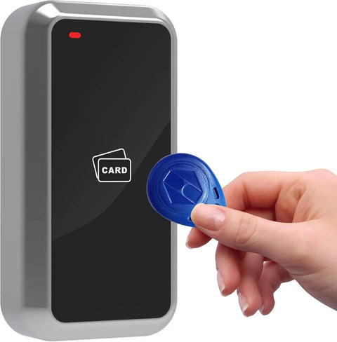 Hand holding blue EM card near Wiegand Card Reader 125KHz RFID With 26 Bit Or 34 Bit Output Durable Metal Enclosure for access control