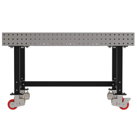Straight Up Rock Solid Heavy Duty Steel Welding Fixture Table With Smooth Cruising Casters And Laser Cut Precision Mounting Holes For Custom Metalwork Shop Setup At 60X36X36 Inches, top view showcasing surface and casters.