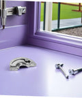 Heavy Duty Stainless Steel Invisible Cabinet Hinges With 90 Degree Stop Action Keep Doors From Swinging Too Far For Kitchen Cabinets And Industrial Equipment Panels installed on purple cabinet door