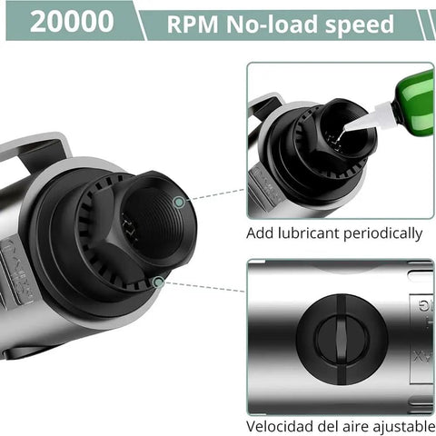Tough 90 Degree Angle Air Die Grinder With High Torque Motor shows lubrication point and adjustable air speed dial for metal work.