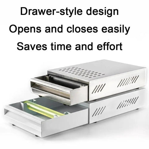 Straight Fire Heavy Duty Stainless Steel Coffee Knock Box With Deep White Drawer Smooth For Espresso Tamping Station, drawer-style open.