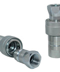 Two silver 1/2-inch hydraulic quick-connect tractor couplers with knurled bodies and dust caps.