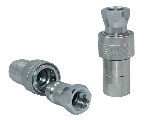 Two silver 1/2-inch hydraulic quick-connect tractor couplers with knurled bodies and dust caps.