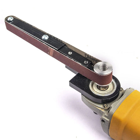 Badass Heavy Duty Belt Sander Attachment For 100 And 125 Mm Angle Grinders Quick Swap steel converter with sanding belt close-up.