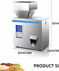 Game Changer Stainless Steel Automatic Powder Filling Machine For Seeds And Grains Compact Countertop Weighing Dispenser With Quiet Multi Point Vibration 50 Gram Capacity side view with dimensions 57cm x 37cm x 23cm.