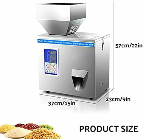 Game Changer Stainless Steel Automatic Powder Filling Machine For Seeds And Grains Compact Countertop Weighing Dispenser With Quiet Multi Point Vibration 50 Gram Capacity side view with dimensions 57cm x 37cm x 23cm.