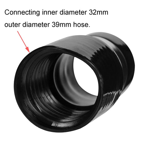 Close-up of black plastic 1-1/4-inch central vacuum hose adapter with threaded interior.